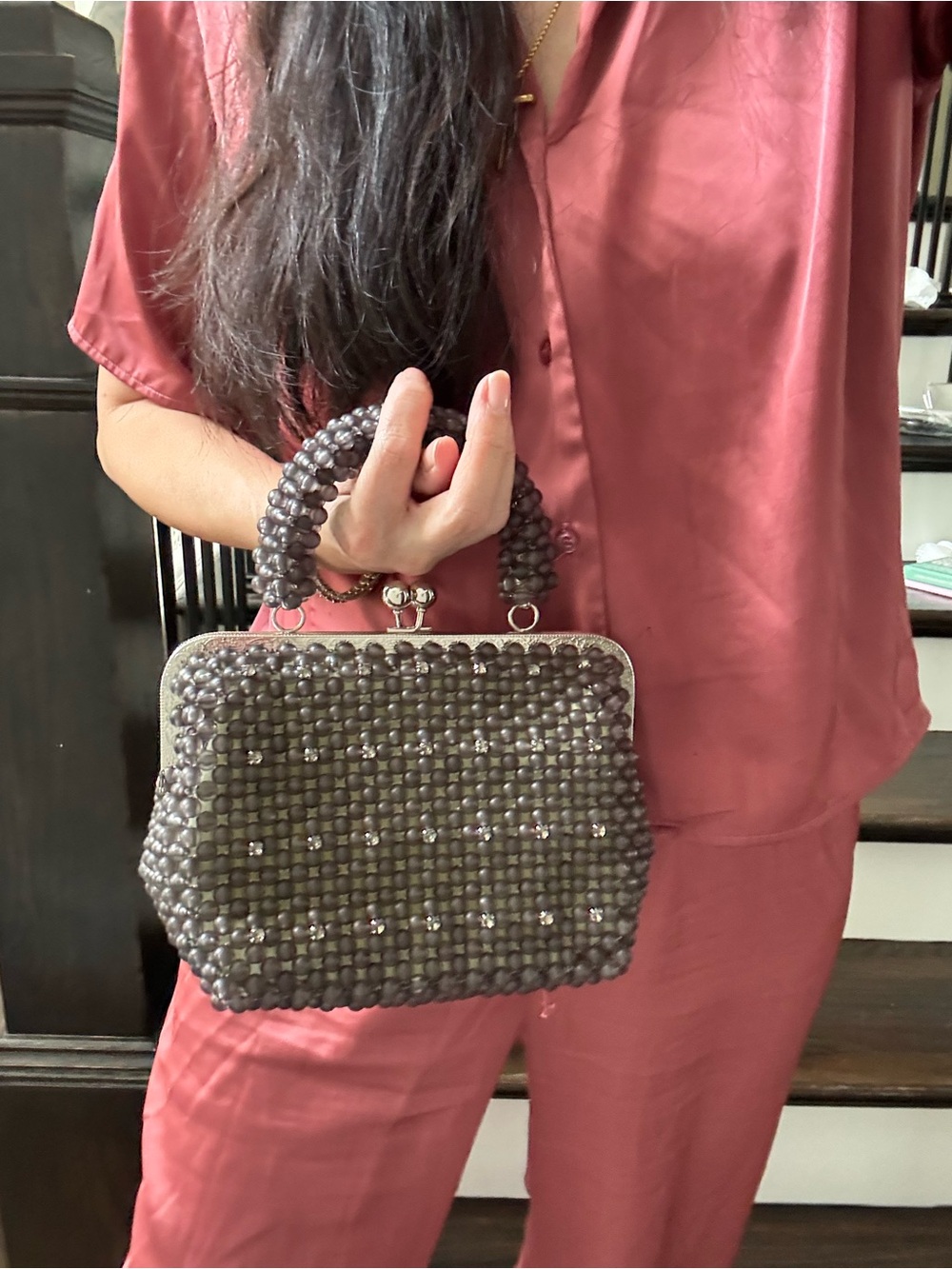 Custom Matte Grey and Rhinestone Beaded Handbag